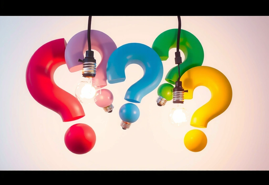 Fragezeichen und Glühbirnen, die Erkenntnis und Problemlösung symbolisieren